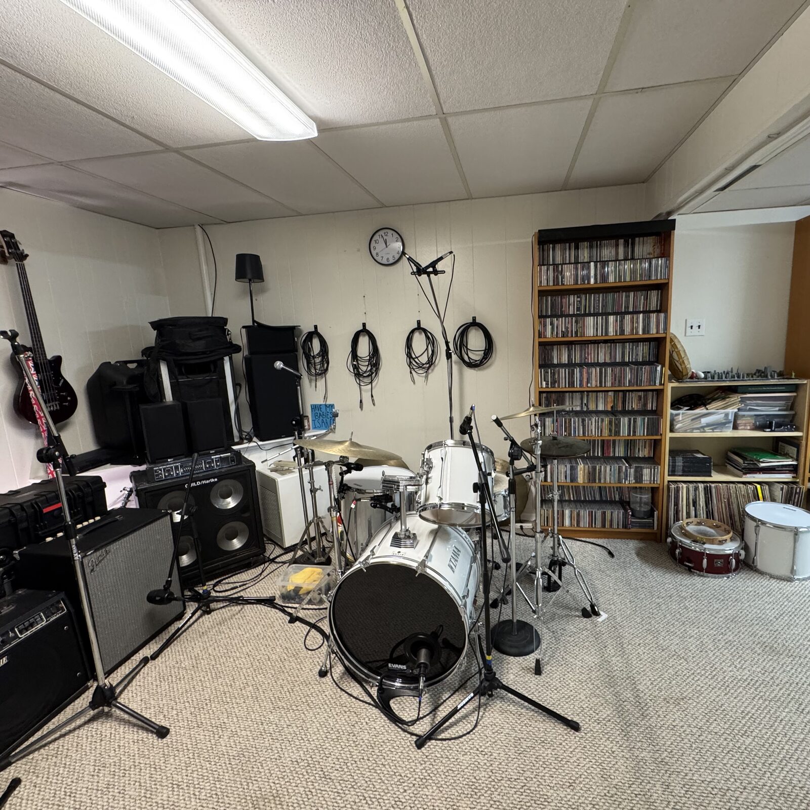 Drum set up, and CD collection